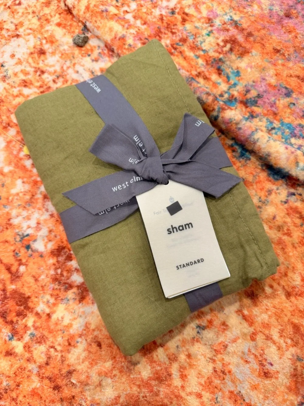 West Elm European Flax Linen Sham Standard Olive Green Box Stitch NWT - Picture 1 of 2